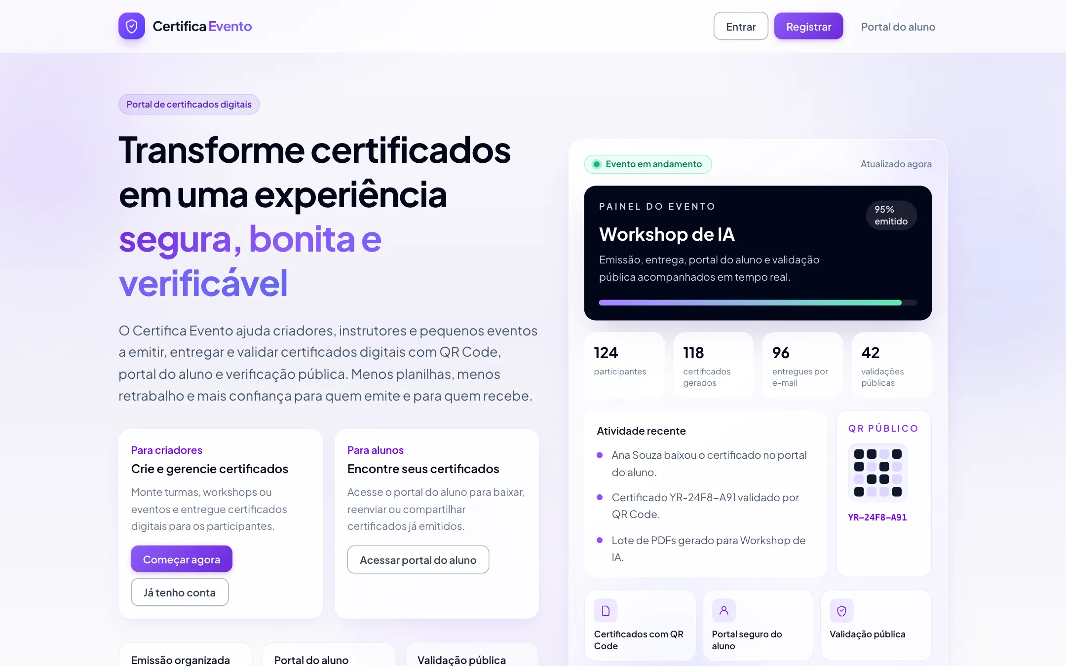 Interface do Certifica Evento, plataforma da Yorion para certificação digital de eventos